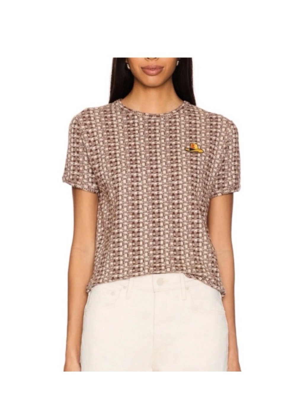 MOTHER Brown Short Sleeve Tee with Embroidered Cowboy Hat Patch - size L